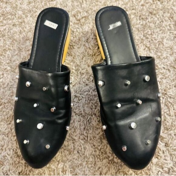 Black Studded Whimsigoth Punk Leather Slip-On Mules Wooden Platform Heel 8/8.5 - Picture 1 of 6